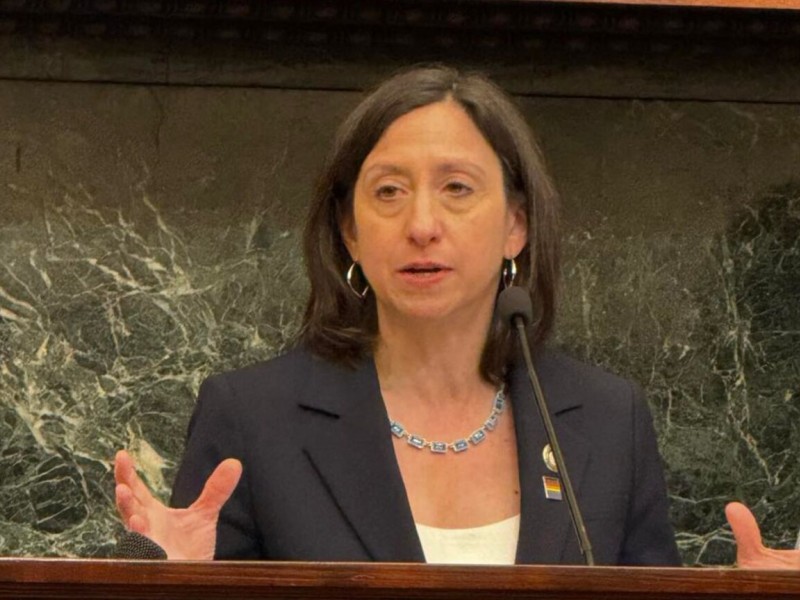 Rue Landau talking in front of a podium at press conference