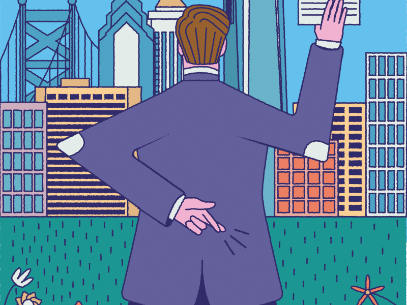 Illustration of the back of a public official who is facing the Philadelphia skyline and crossing his fingers while holding up a paper saying "we promise" 