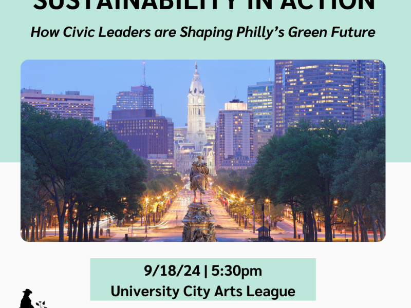 Poster for the Sustainability in Action event with a photo of Philadelphia