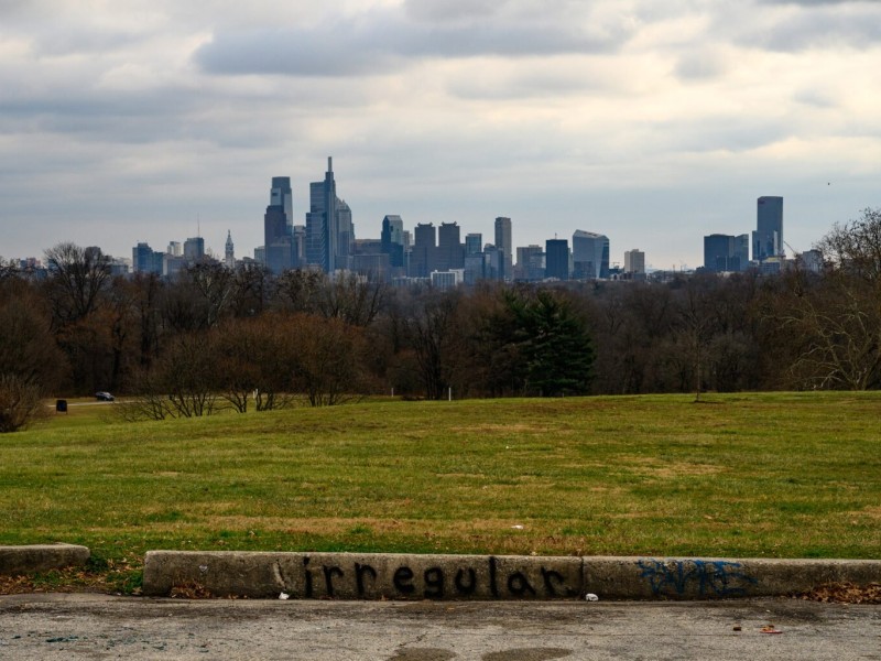 Park with a line of trees and the Philly skyline in the background