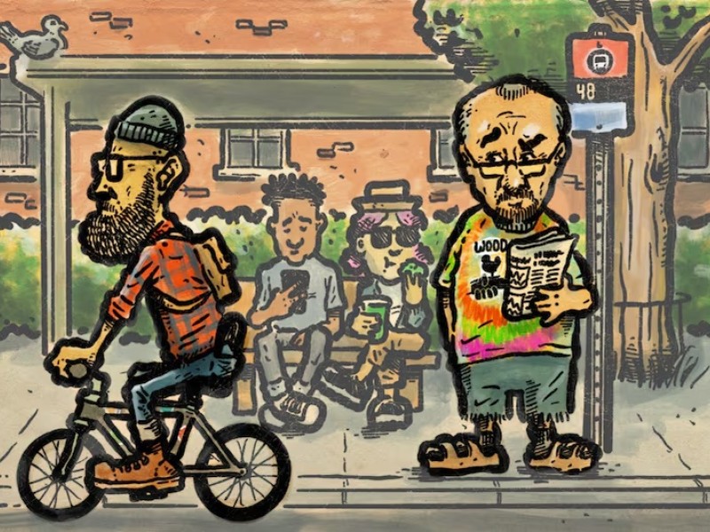 Illustration of millennial men at a bus stop