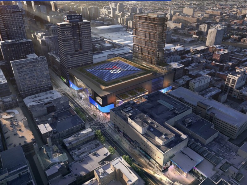 An aerial rendering of the proposed 76 Place arena site.