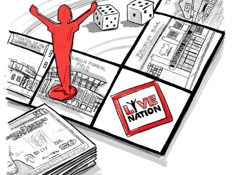 Illustration of a Monopoly-style board game with Live Nation logo