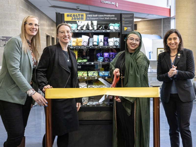 From left, Kelly Lake, Melissa Fogg, student Asalah Ibrahim, and Councilmember Rue Landau at the 'Health Jawn' ribbon-cutting ceremony on Jan. 21 at the Community College of Philadelphia.