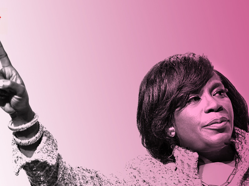 Photo illustration of Mayor Cherelle Parker pointing right hand up to a small, illustrated house 