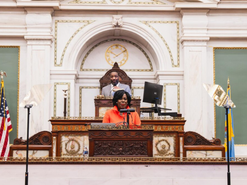 Philadelphia Mayor Cherelle Parker at City Hall, with City Council president Kenyatta Johnson in her background