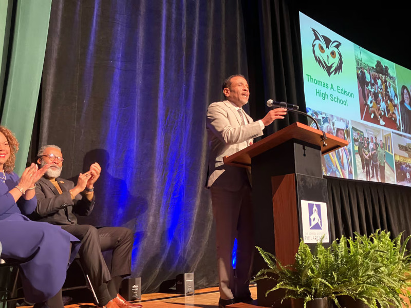Philadelphia Superintendent Tony Watlington, right, gives his State of Schools address on Wednesday, Jan. 7, 2026 at Thomas Edison High School in Philadelphia. 