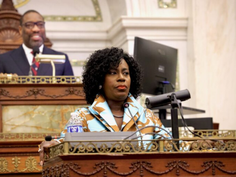 Philadelphia Mayor Cherelle Parker delivers her budget address to City Council on March 12, 2026. (Emma Lee/WHYY)