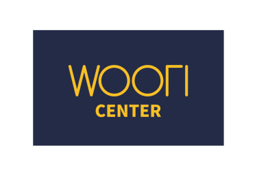 the words Woori Center in yellow on a blue background