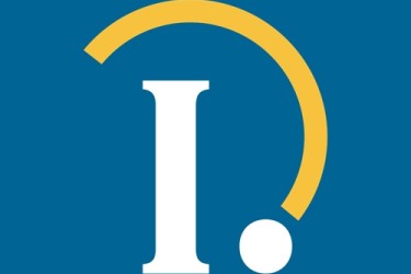 Impacto logo, white letter I and period, yellow curve, teal background