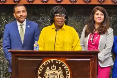 Mayor Cherelle Parker announced the schools participating in the year-round school pilot program at City Hall, June 27, 2024. (Tom MacDonald/WHYY)