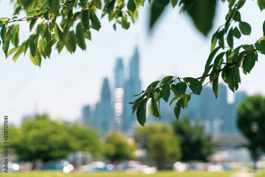 Philadelphia Skyline with Greenery in Foreground From Drexel Park