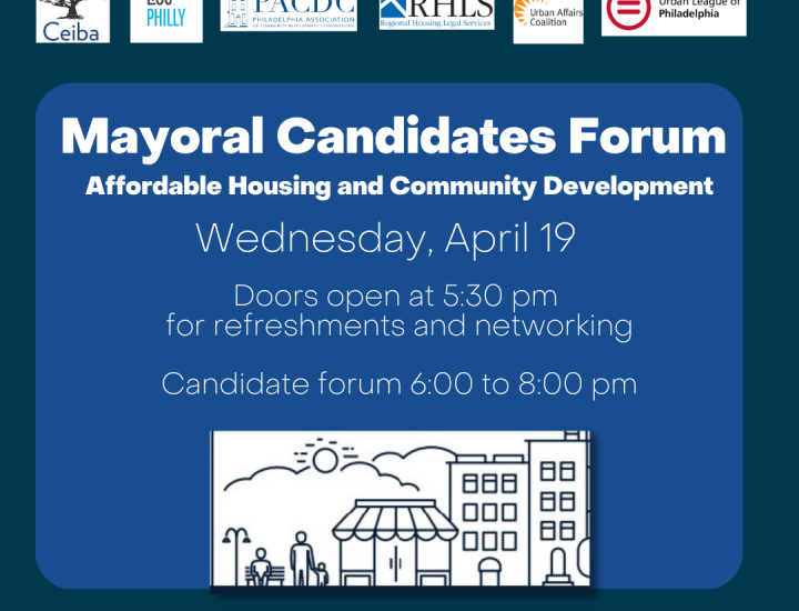 Flyer for Mayoral Candidates Forum on affordable housing and community development