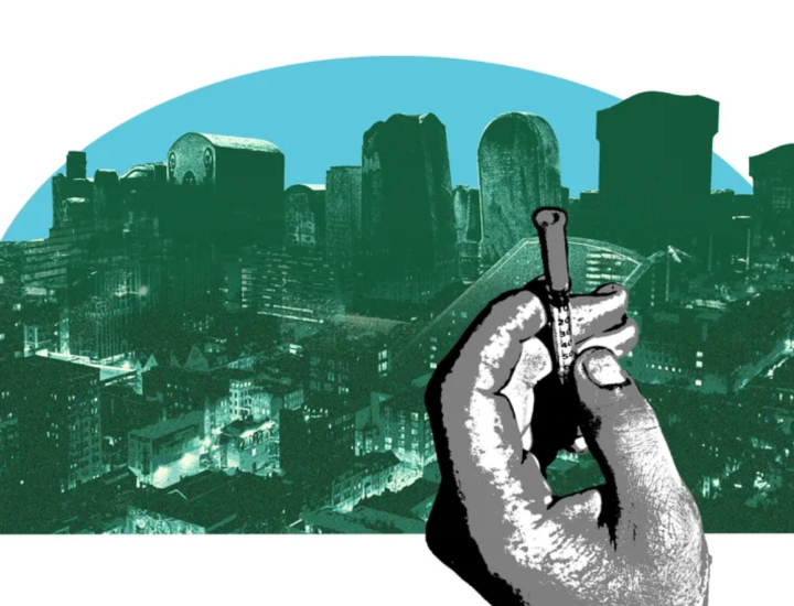 Illustration of hand holding drug paraphernalia with a Philadelphia neighborhood in the background
