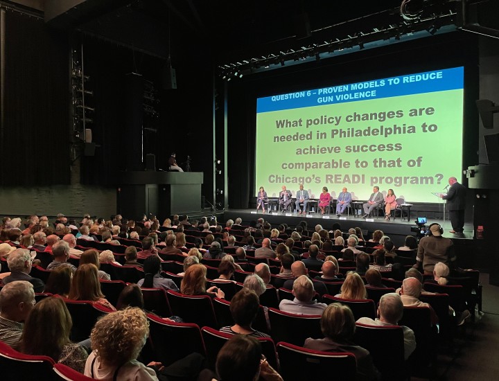 Full audience and panel of mayoral candidates at Philadelphia Film Center