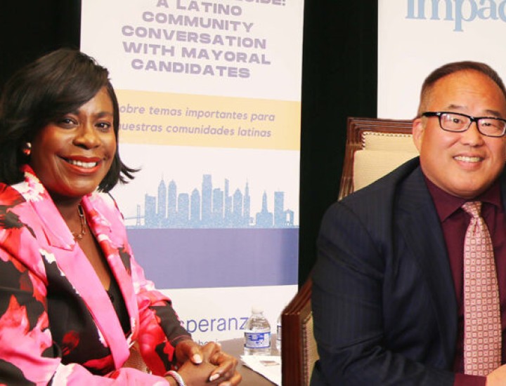 Cherelle Parker and David Oh sitting on stage