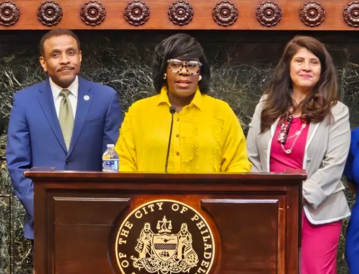 Mayor Cherelle Parker announced the schools participating in the year-round school pilot program at City Hall, June 27, 2024. (Tom MacDonald/WHYY)