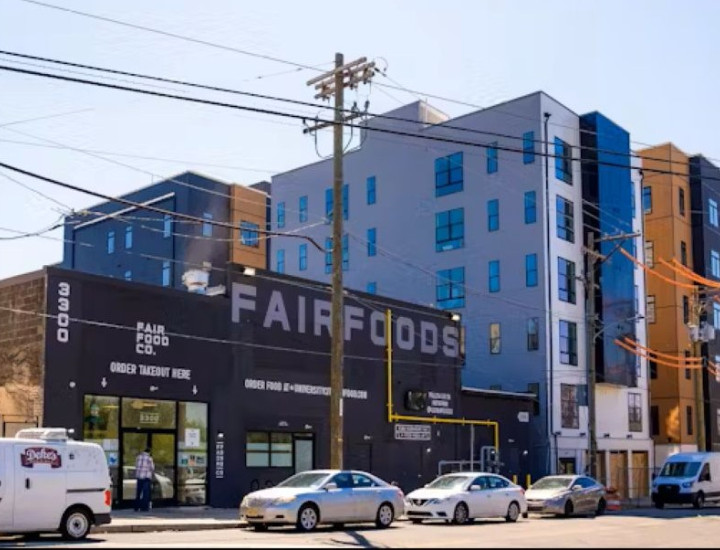 Buildings, including a food store and a new apartment property, on the 3300 Block of Fairmont Ave in Philadelphia