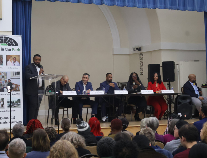 (From L-R) Moderator State Rep. Andre D. Carroll and candidates, Rep. Rabb, Dr. Oxman, Sen. Street, Dr. Stanford, and Rep. Chephas. (Photo: Rasheed Z. Ajamu)