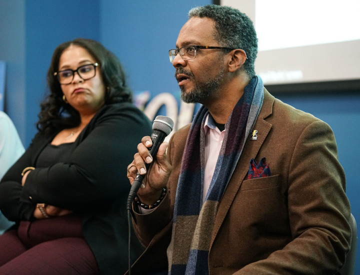 Eric Marsh, of the Philadelphia Center for Gun Violence Reporting, speaking on a Feb. 27, 2026 panel about public safety.